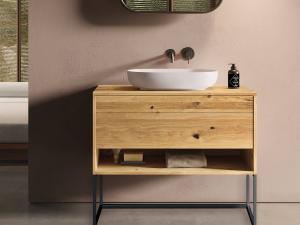 "Genero" Waschtischunterschrank aus Massivholz mit 2 Schubfächern, 1 Fach stehend mit Metalluntergestell von LAPIDISPA® 