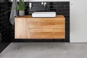 "Geo" Waschtischunterschrank aus Massivholz  | hängend | 1 Tür links, 2 Schubfach rechts | Lapidispa® 