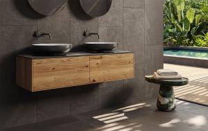 "Insa" Waschtischunterschrank aus Massivholz mit Deckplatte aus Corian® | Lapidispa® 